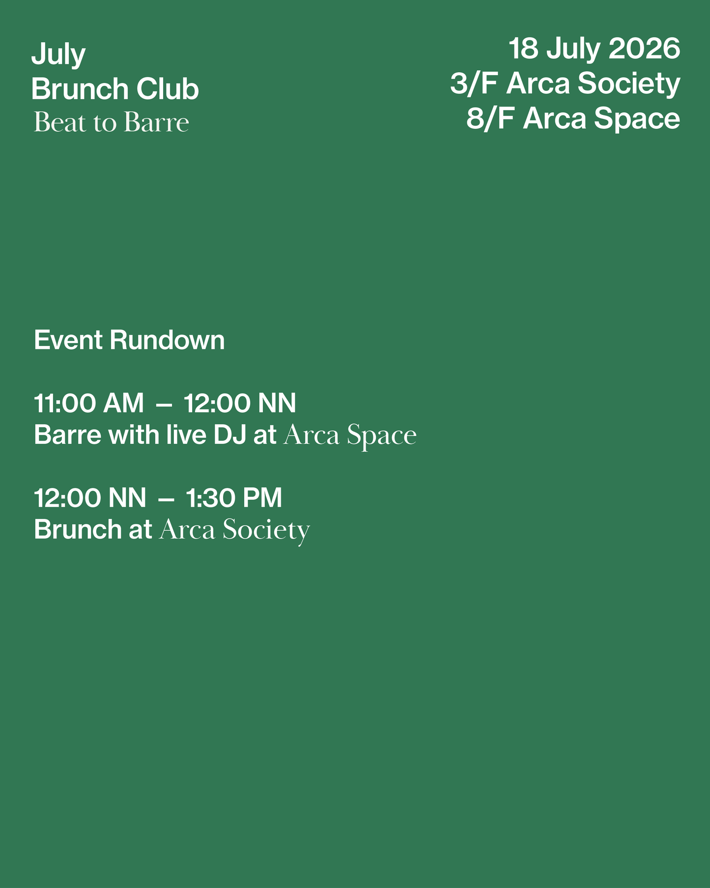 the Arca Brunch Club: Music Series — Barre to Beat Experience | 18 July