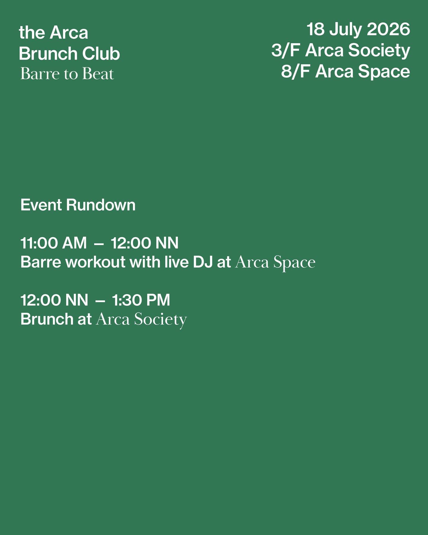 the Arca Brunch Club: Music Series — Barre to Beat Experience | 18 July