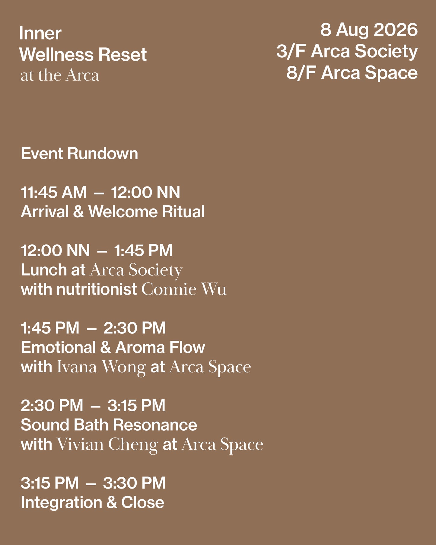 Inner Wellness Reset at the Arca | Stop running on empty | 8 Aug